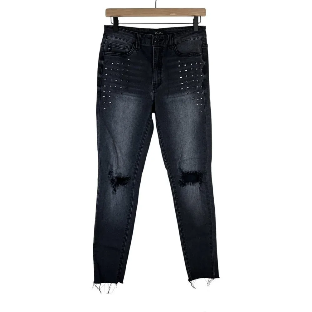 Kancan Black Distressed Studded Raw Hem Ankle Skinny Jeans